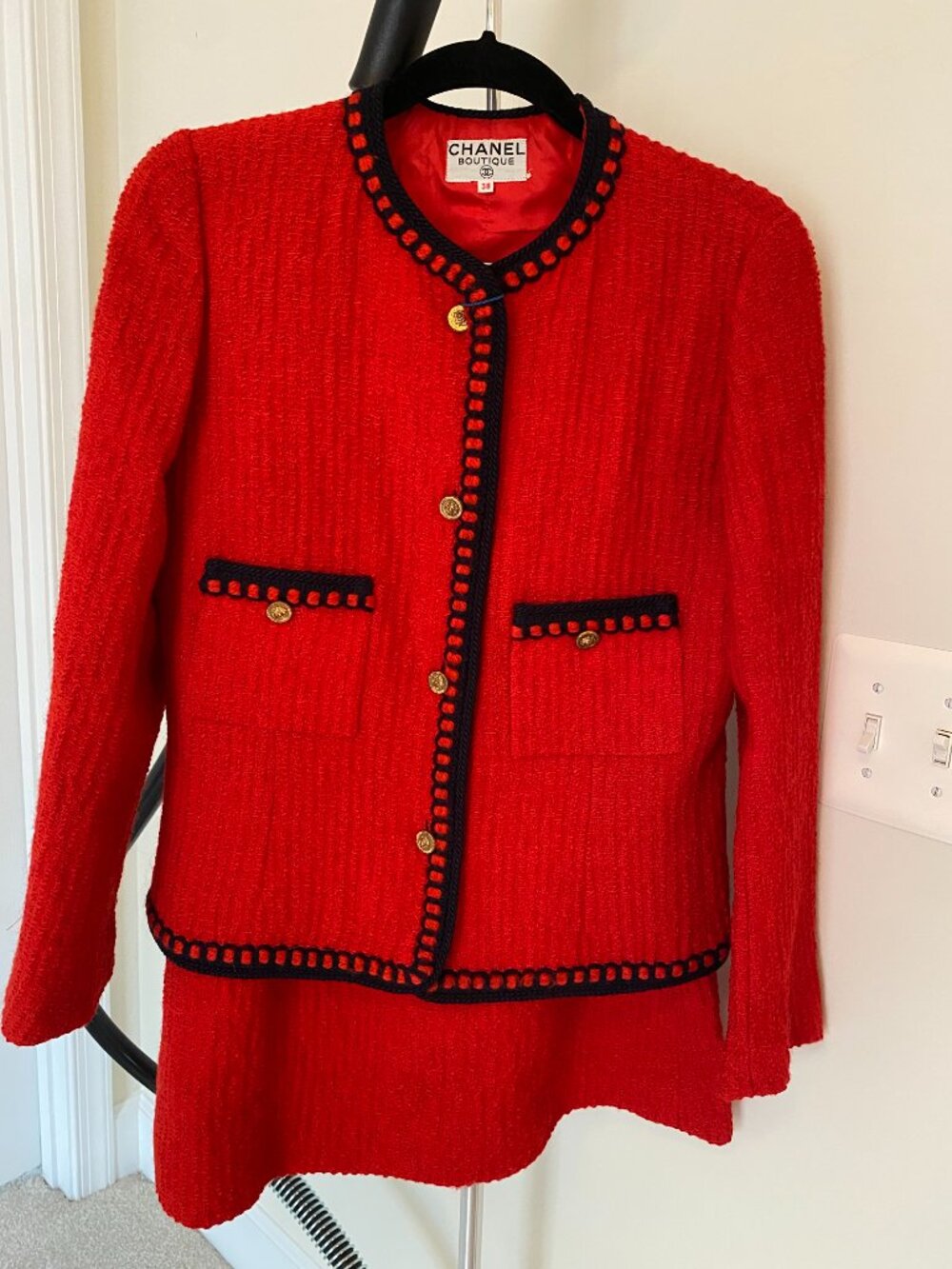 Vintage 1981 CHANEL Boutique Red Wool Tweed Skirt Suit